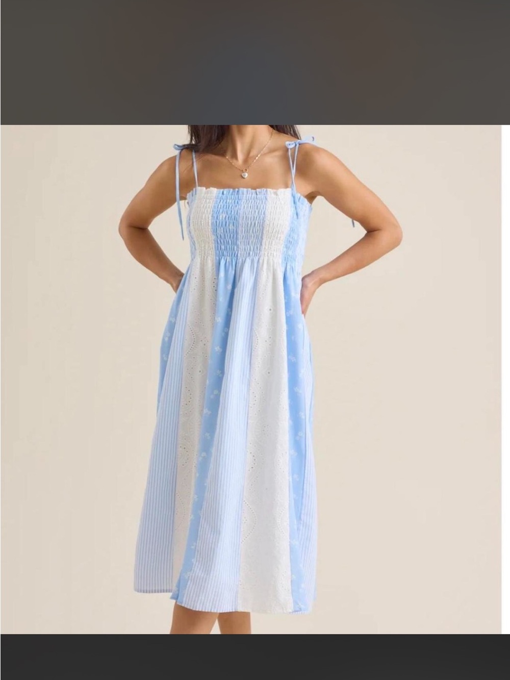 Altar'd State Blue & White Smocked Tie-Shoulder Midi Dress
